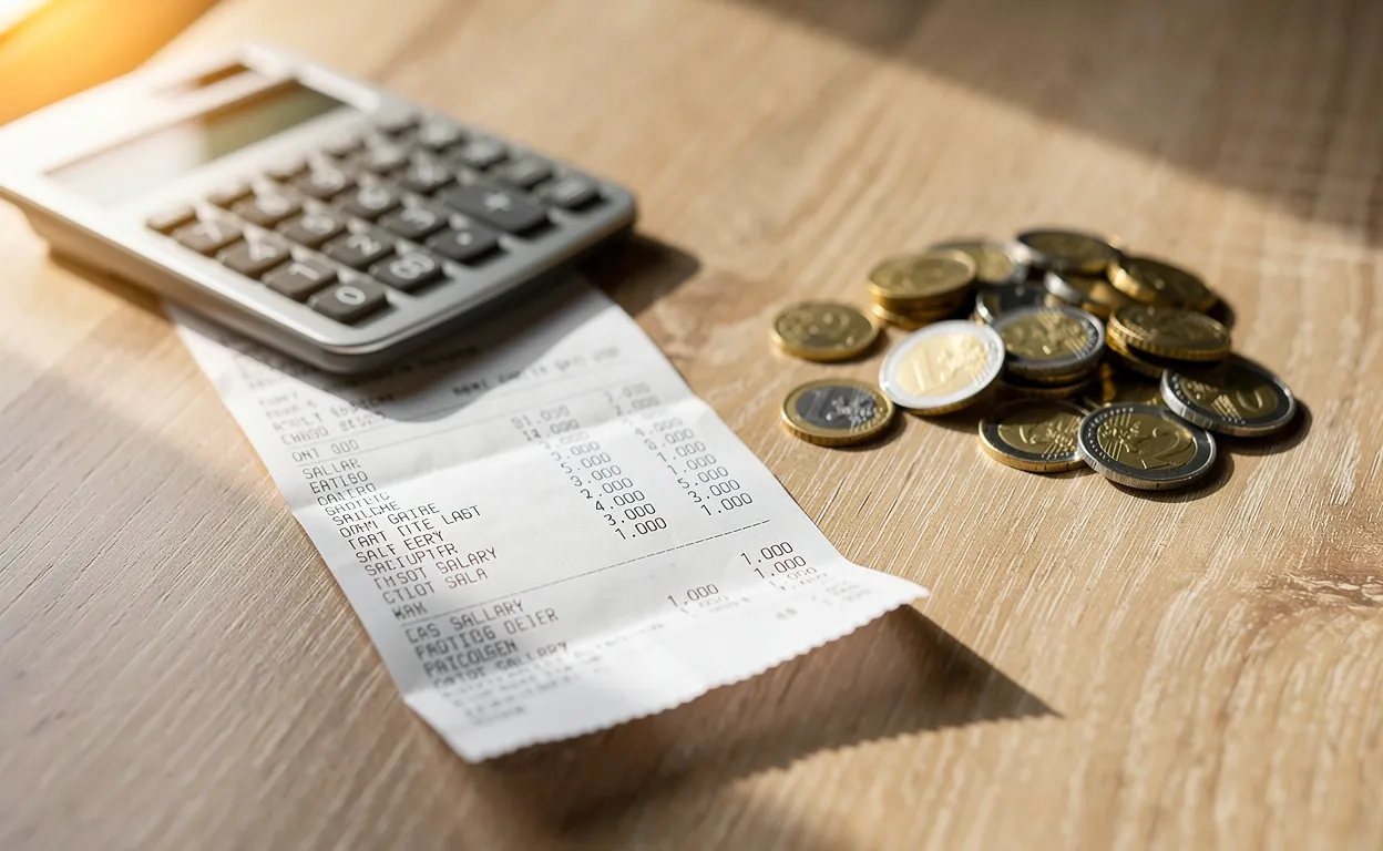 Un bulletin de salaire posé sur un bureau en bois avec des pièces en euros, une calculatrice et de la lumière du jour.