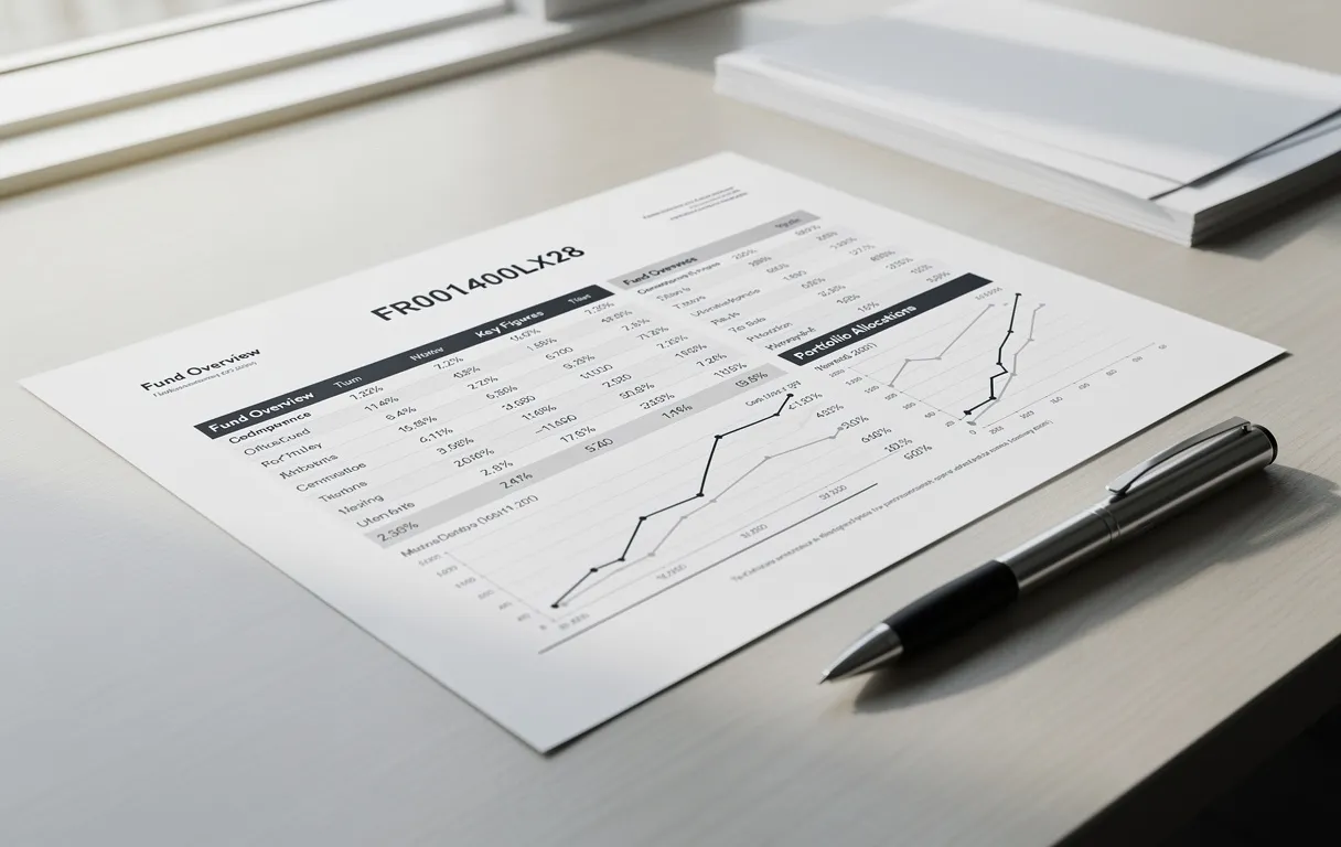 Feuille de données de fonds intitulée FR001400LX28 posée sur un bureau moderne, entourée de papiers soignés et d’un stylo sous une lumière douce.