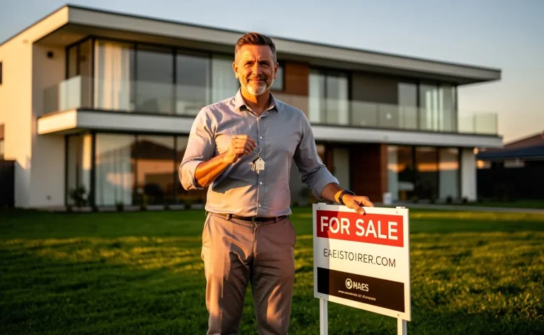 Un homme d'âge mûr se tient devant une maison moderne au crépuscule, tenant des clés et posant la main sur un panneau "À vendre" installé sur la pelouse.