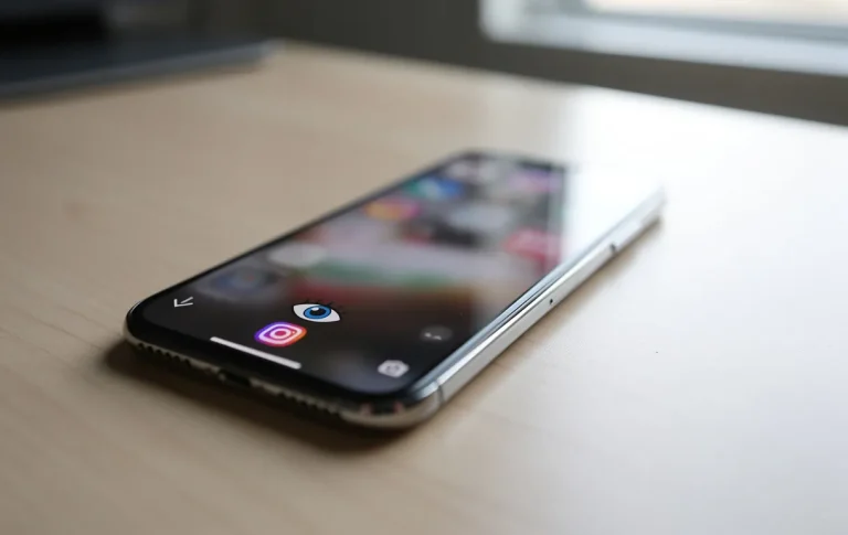 Un smartphone posé sur un bureau affiche une story Instagram floue avec un icône en forme d’œil bien visible, éclairé par une lumière douce provenant de la fenêtre.