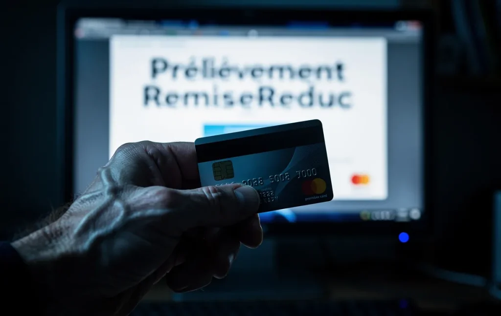 Une main inquiète tient une carte bancaire devant un écran d’ordinateur affichant « Prélèvement RemiseReduc » sous une lumière tamisée.