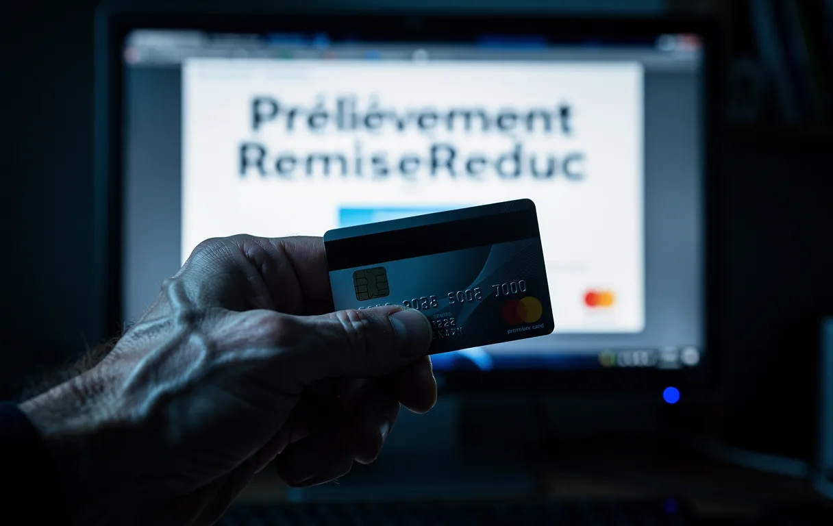 Une main inquiète tient une carte bancaire devant un écran d’ordinateur affichant « Prélèvement RemiseReduc » sous une lumière tamisée.
