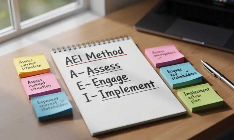 Un carnet ouvert repose sur un bureau ordonné, affichant les étapes de la méthode AEI en lettres épaisses, entouré de notes autocollantes colorées sous une lumière naturelle douce.