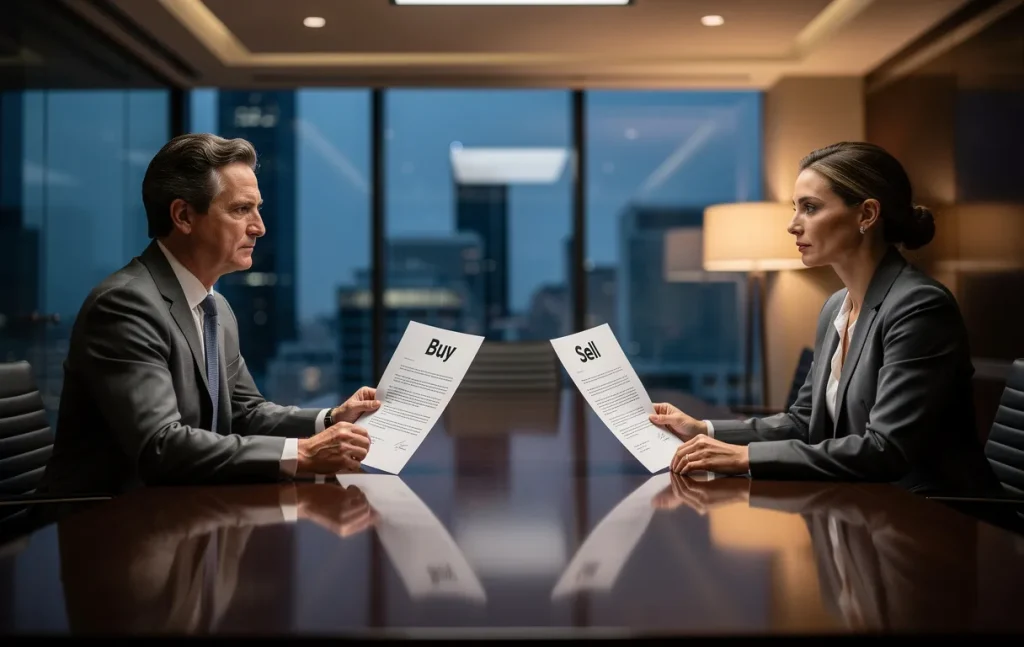 Deux associés d’affaires se font face à une table polie, chacun tenant un contrat sur lequel est inscrit « Buy or Sell », dans un bureau moderne éclairé doucement.