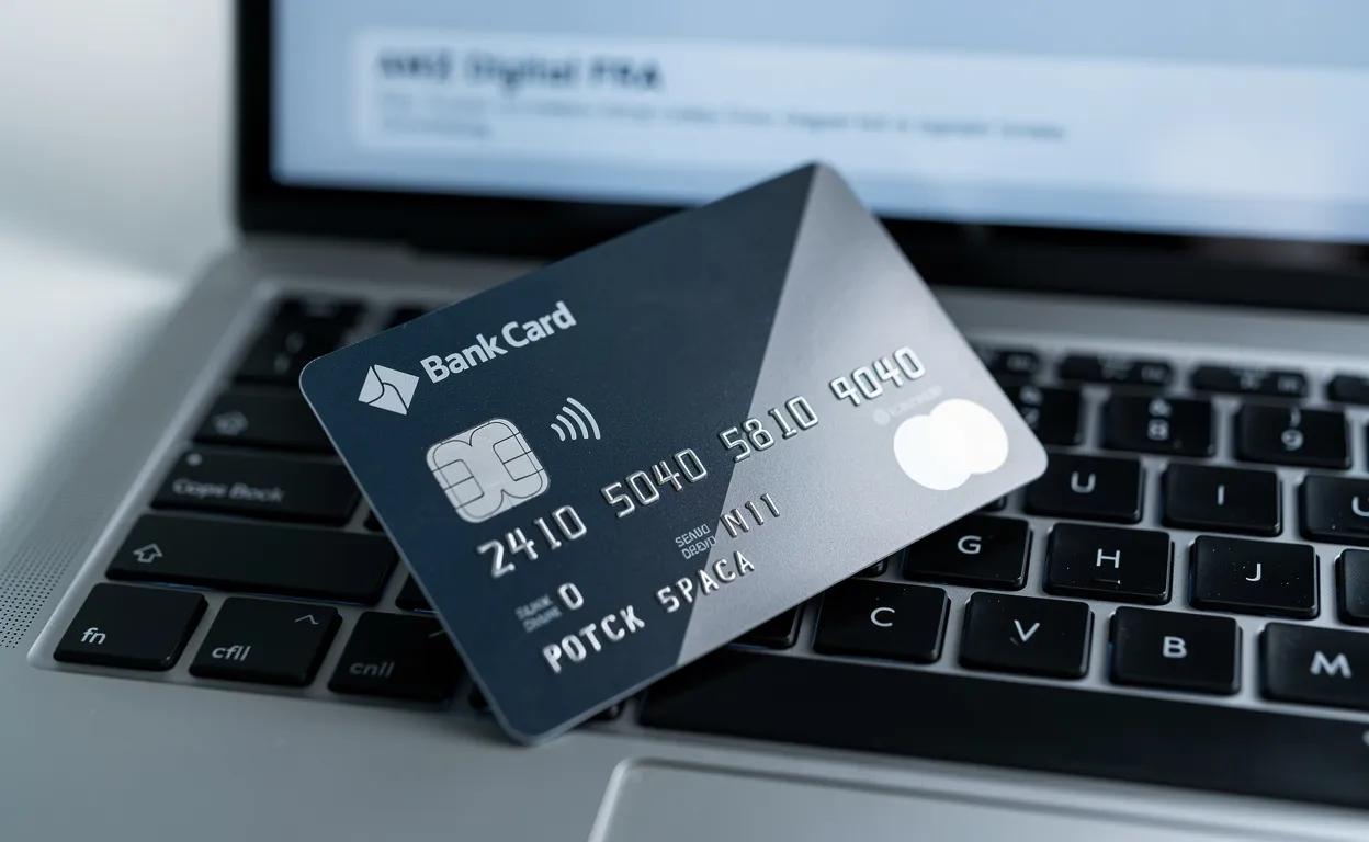 Une carte bancaire repose sur le clavier d’un ordinateur portable affichant une notification numérique intitulée AMZ Digital FRA, dans une ambiance aux tons bleus et gris.