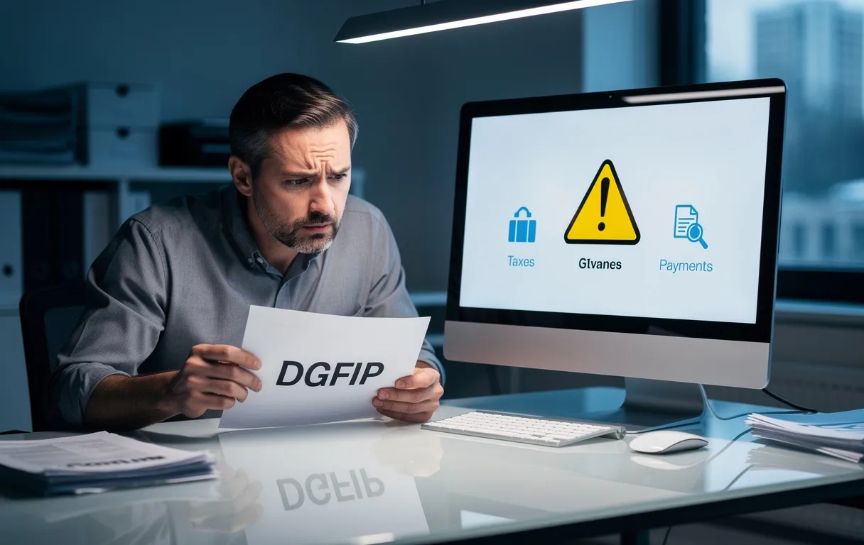 Un chef d’entreprise assis à son bureau examine un document DGFIP en regardant un écran d’ordinateur affichant des icônes de taxes, paiements et un signe d’avertissement, dans un bureau à l’éclairage bleuté.