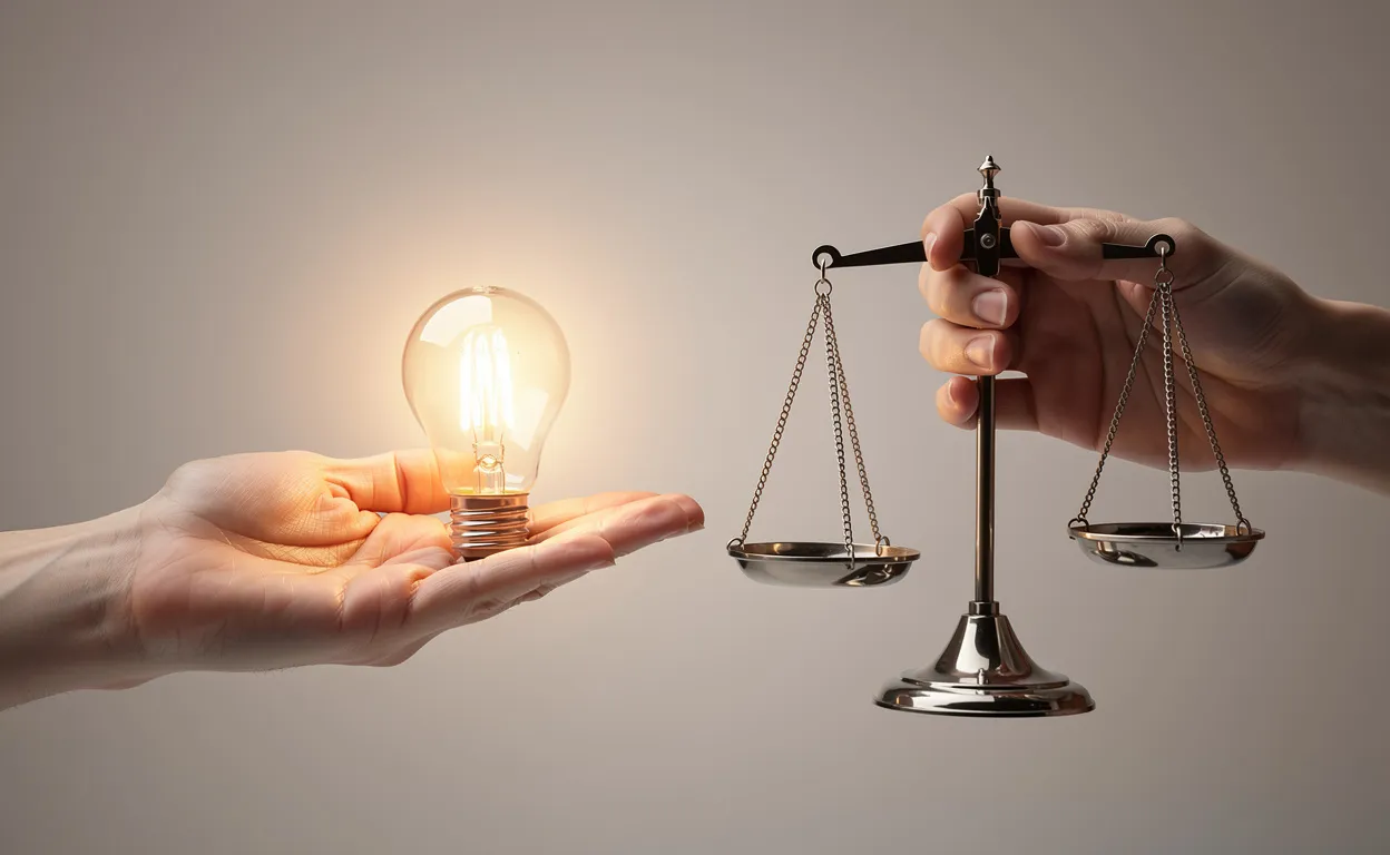 Deux mains, l’une tendant une ampoule lumineuse et l’autre tenant une balance, sont représentées sur un fond neutre pour illustrer les nuances entre persuasion et conviction.