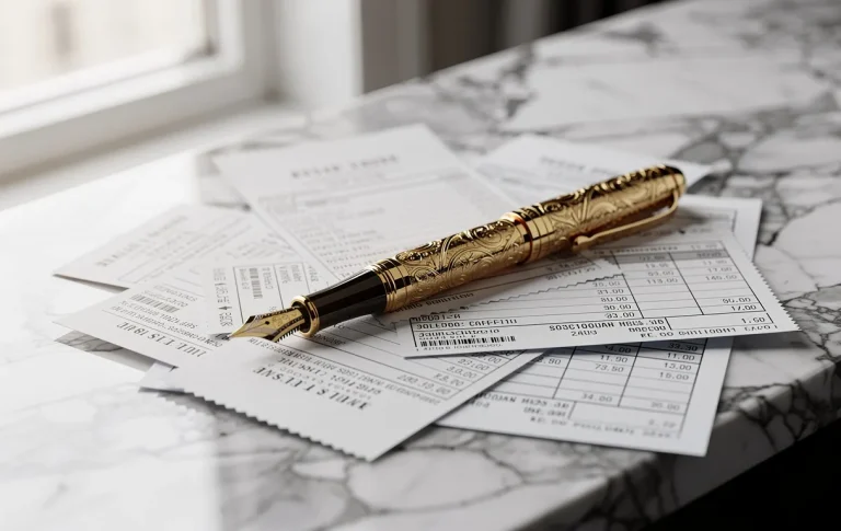 Un stylo-plume doré repose sur des reçus de luxe et des formulaires fiscaux sur un bureau en marbre éclairé par la lumière du jour.