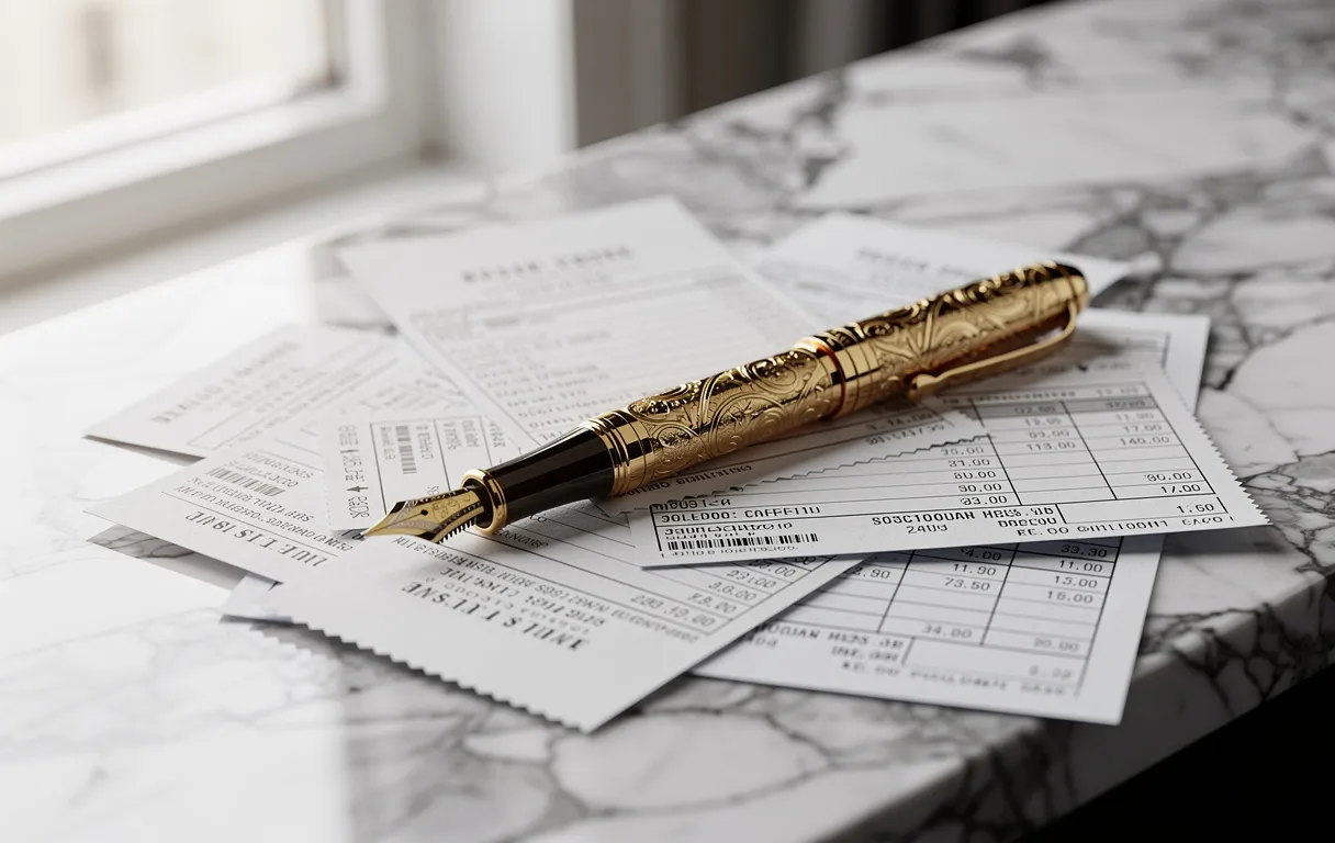 Un stylo-plume doré repose sur des reçus de luxe et des formulaires fiscaux sur un bureau en marbre éclairé par la lumière du jour.