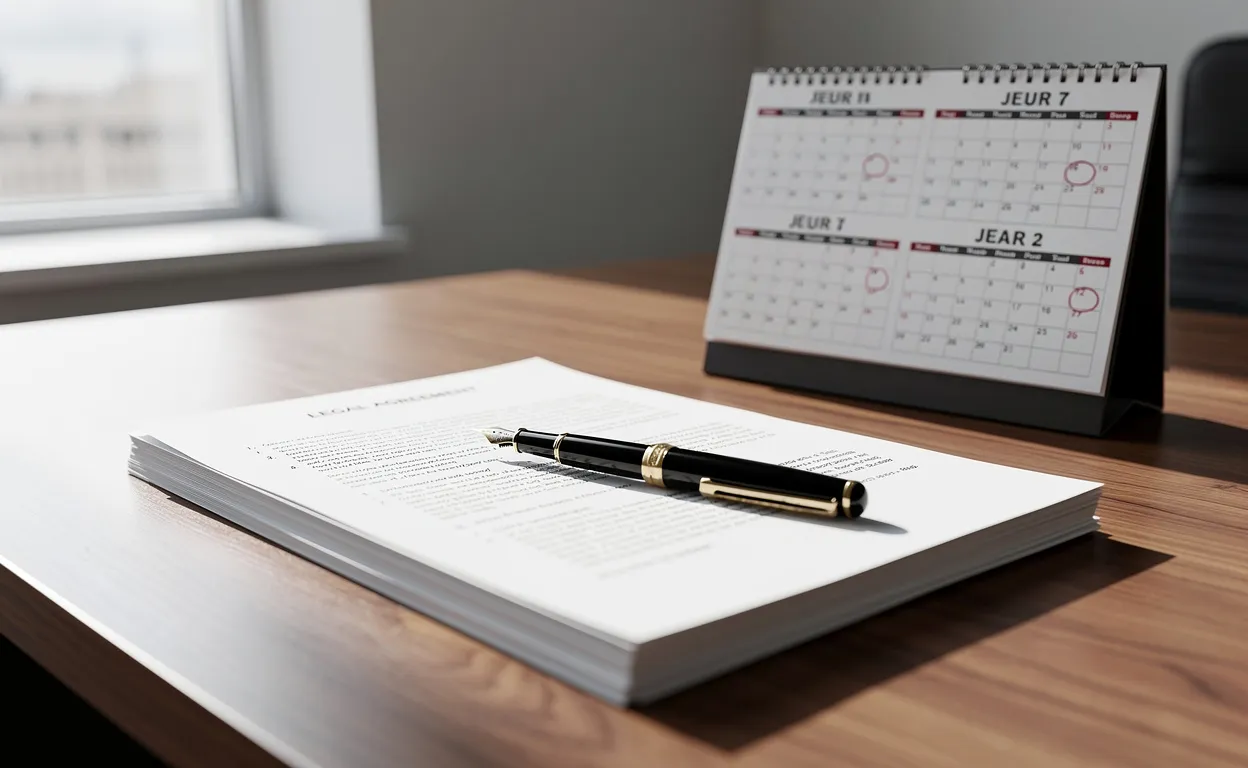 Bureau élégant baigné de lumière naturelle avec un grand calendrier portant sur quatre ans, une pile de documents juridiques et un stylo-plume classique posé dessus.