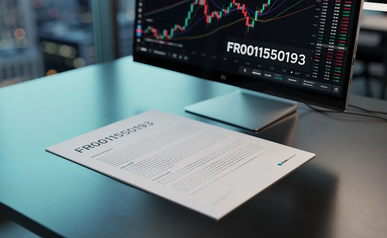 Un rapport financier élégant repose sur un bureau moderne à côté d’un écran d’ordinateur affichant des graphiques boursiers et le code FR0011550193.