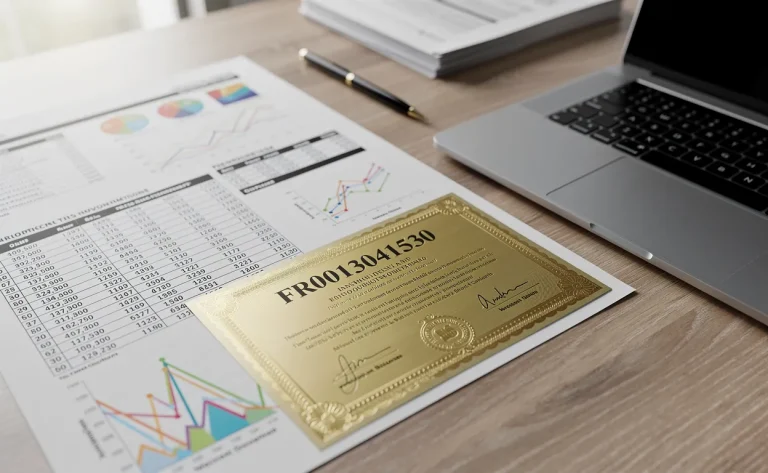 Un rapport financier détaillé avec graphiques de performance et un certificat de fonds d’investissement FR0013041530 sont posés sur un bureau moderne près d’un ordinateur portable.