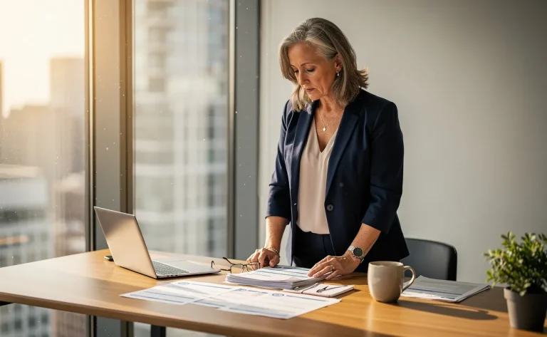 Une femme d’affaires mûre lit attentivement des documents de retraite à son bureau, baignée par la lumière naturelle d’une grande fenêtre.