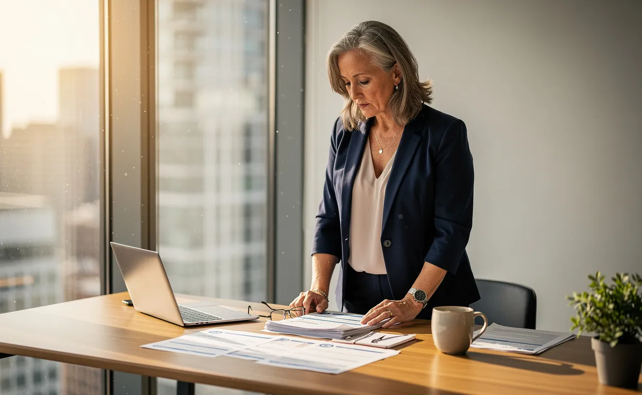 Une femme d’affaires mûre lit attentivement des documents de retraite à son bureau, baignée par la lumière naturelle d’une grande fenêtre.
