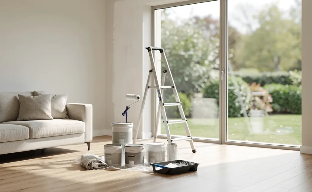 Salon lumineux avec outils de rénovation et pots de peinture près d'une fenêtre donnant sur un jardin verdoyant.