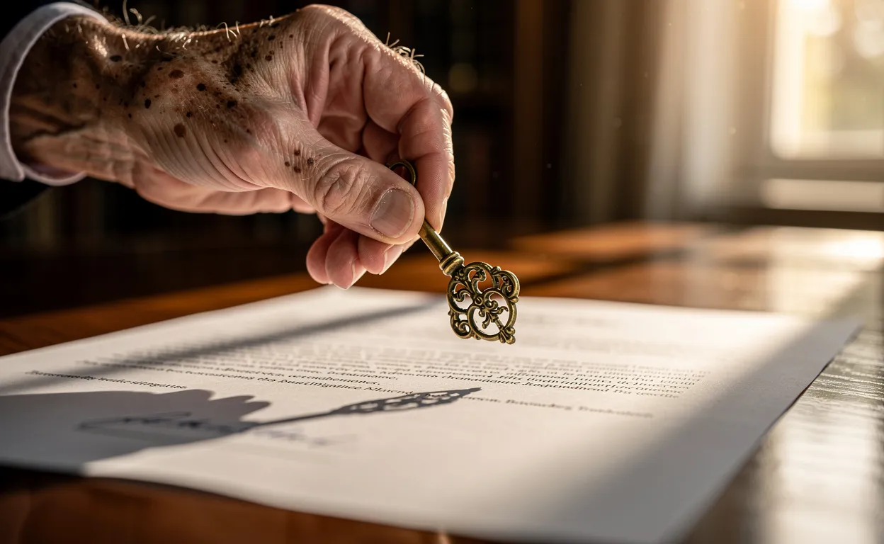 Une main âgée dépose délicatement une clé ancienne sur un document officiel éclairé par la lumière dorée d’une fin d’après-midi.