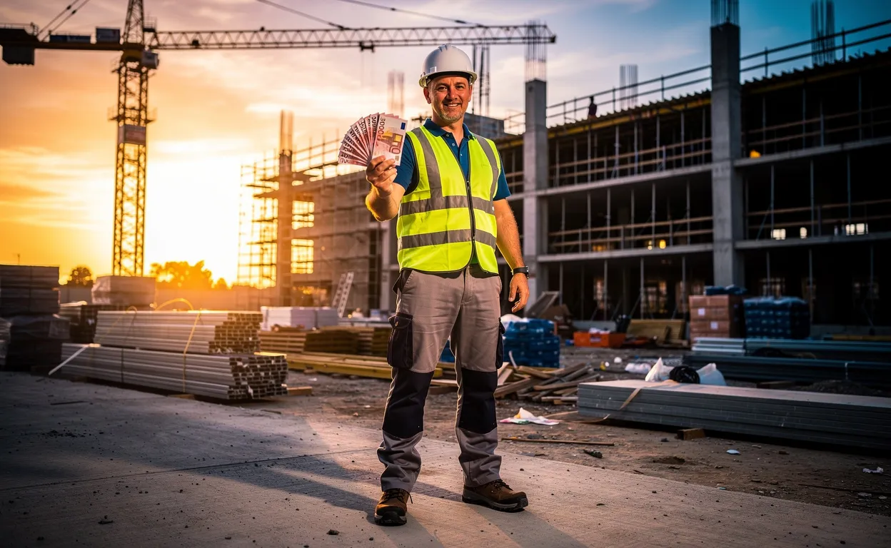 Une personne confiante en tenue de travail tient une liasse de billets d'euros sur un chantier baigné de lumière dorée au lever du soleil.