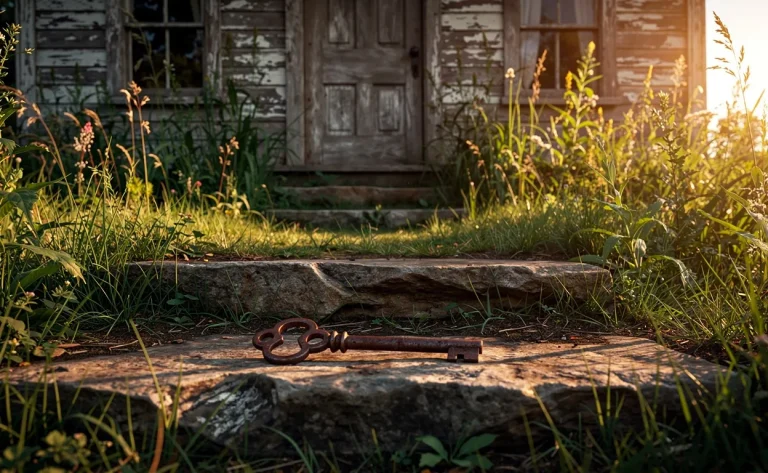 Une vieille maison entourée d’herbes folles baignée de lumière dorée, avec une clé ancienne posée sur les marches en pierre.