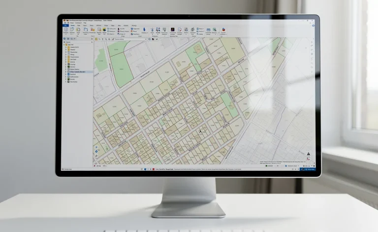 Vue aérienne photoréaliste d’un écran d’ordinateur affichant une carte cadastrale détaillée, avec des limites de propriétés nettes et des reflets doux de lumière naturelle.