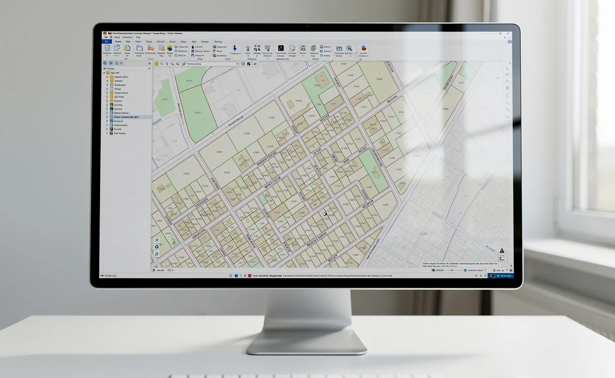 Vue aérienne photoréaliste d’un écran d’ordinateur affichant une carte cadastrale détaillée, avec des limites de propriétés nettes et des reflets doux de lumière naturelle.