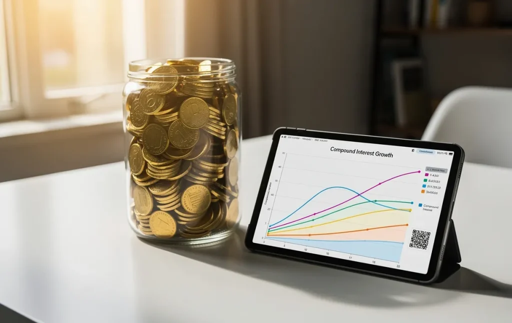 Bocal en verre rempli de pièces d’or posé à côté d’une tablette affichant un graphique d’intérêts composés sur un bureau moderne éclairé par la lumière du matin.