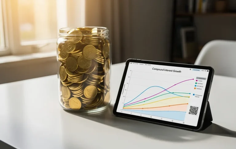 Bocal en verre rempli de pièces d’or posé à côté d’une tablette affichant un graphique d’intérêts composés sur un bureau moderne éclairé par la lumière du matin.