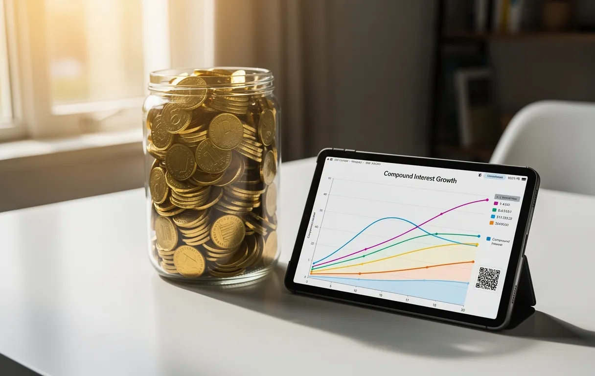 Bocal en verre rempli de pièces d’or posé à côté d’une tablette affichant un graphique d’intérêts composés sur un bureau moderne éclairé par la lumière du matin.