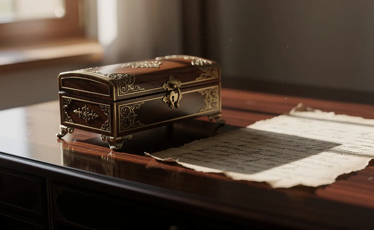 Un coffret à bijoux ancien posé sur un bureau en bois verni avec un document manuscrit ancien à côté, baigné d’une lumière douce provenant d’une fenêtre.