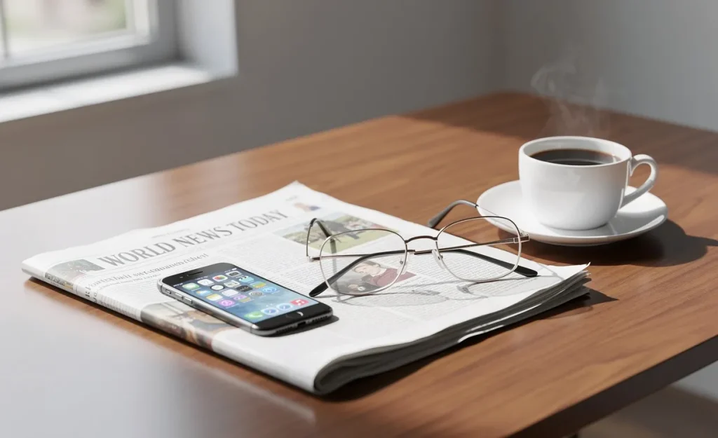 Un bureau moderne avec une tasse de café, un smartphone, un journal et des lunettes posés sous une lumière douce.
