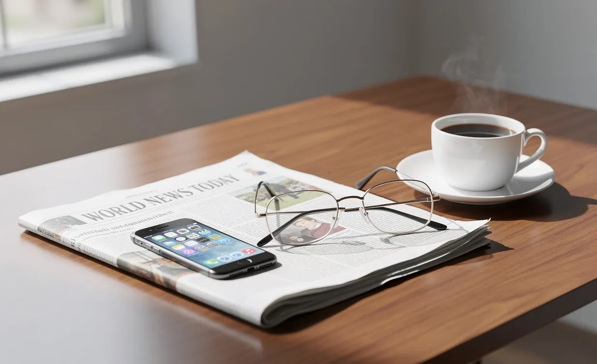 Un bureau moderne avec une tasse de café, un smartphone, un journal et des lunettes posés sous une lumière douce.