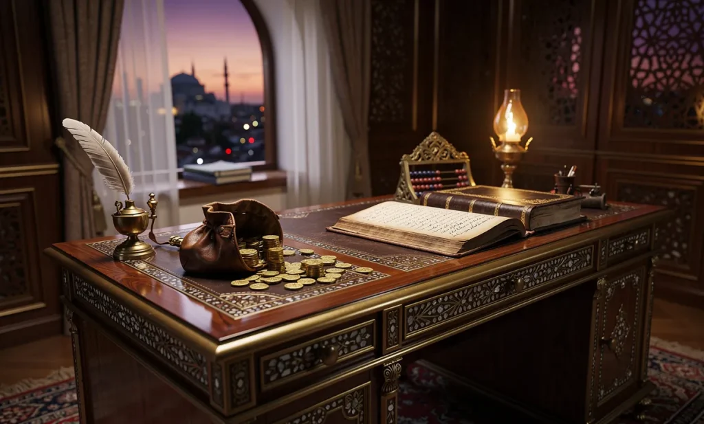 Un bureau ottoman orné de pièces d’or et de registres financiers, avec vue sur la skyline d’Istanbul au crépuscule.
