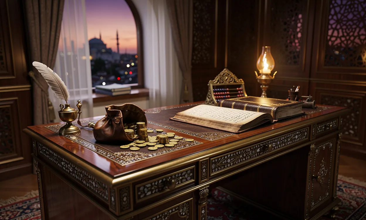 Un bureau ottoman orné de pièces d’or et de registres financiers, avec vue sur la skyline d’Istanbul au crépuscule.