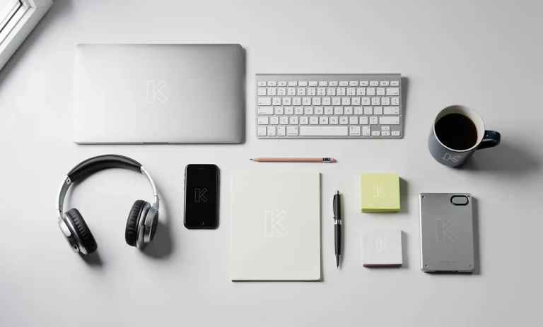 Un bureau ordonné présente des outils professionnels soigneusement étiquetés de la lettre K sur fond blanc moderne et lumineux.