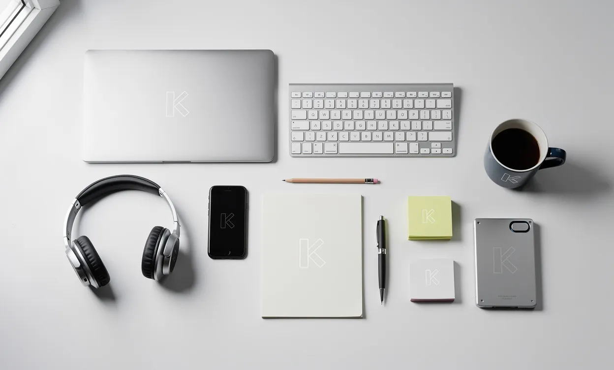 Un bureau ordonné présente des outils professionnels soigneusement étiquetés de la lettre K sur fond blanc moderne et lumineux.