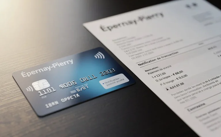 Une carte bancaire française moderne posée à côté d’un relevé de compte affichant « Épernay-Pierry » sur un bureau éclairé par la lumière du matin.