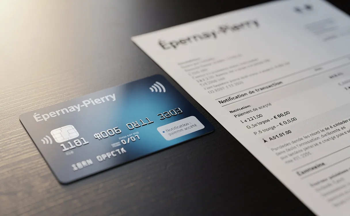 Une carte bancaire française moderne posée à côté d’un relevé de compte affichant « Épernay-Pierry » sur un bureau éclairé par la lumière du matin.