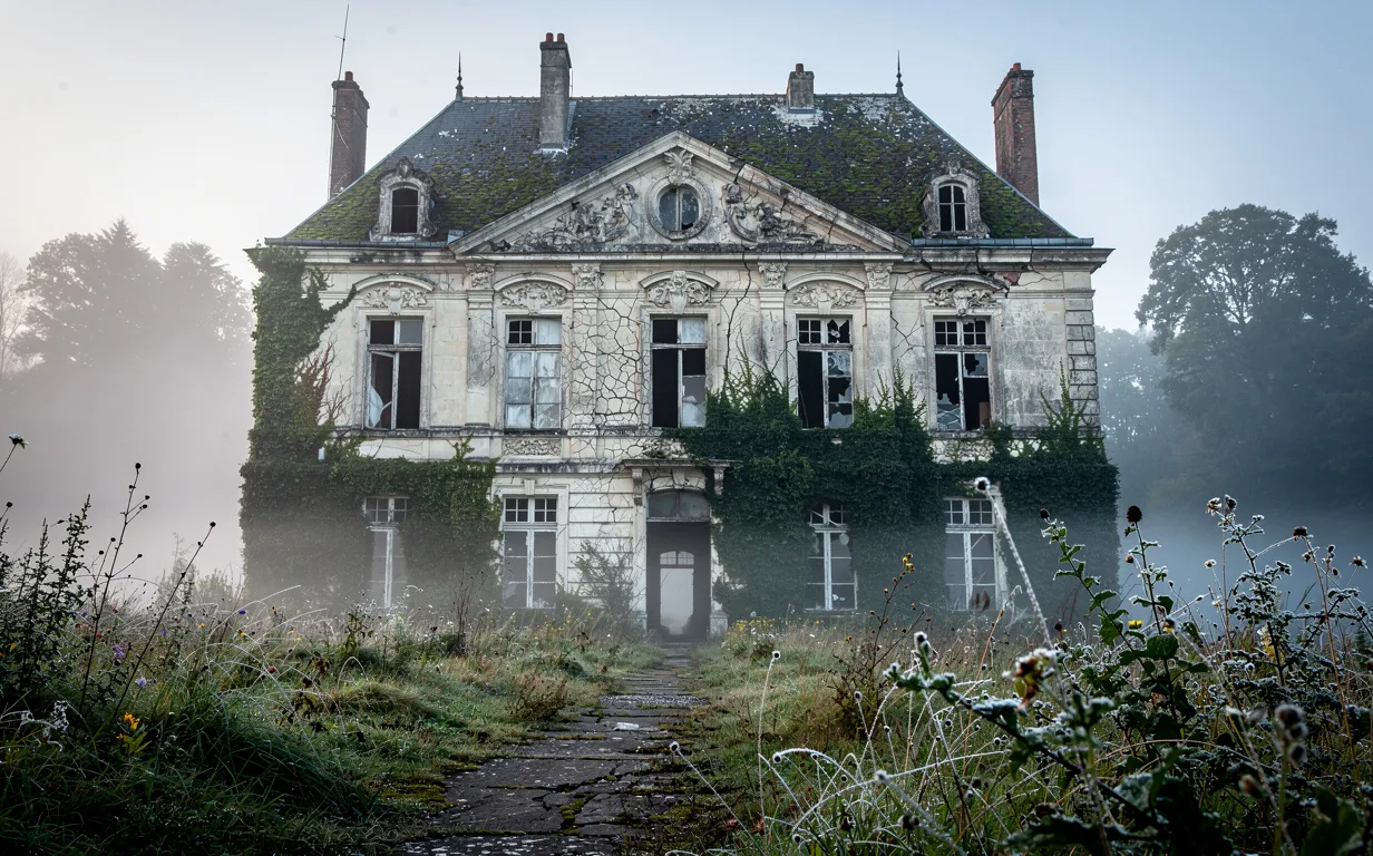 Un vieux château français envahi de lierre se dresse au milieu de la brume matinale et d’un jardin laissé à l’abandon.