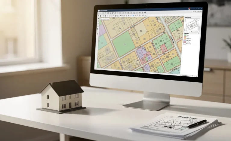 Écran d’ordinateur affichant une carte cadastrale détaillée, accompagné d’un modèle réduit de maison et de documents posés sur un bureau lumineux.
