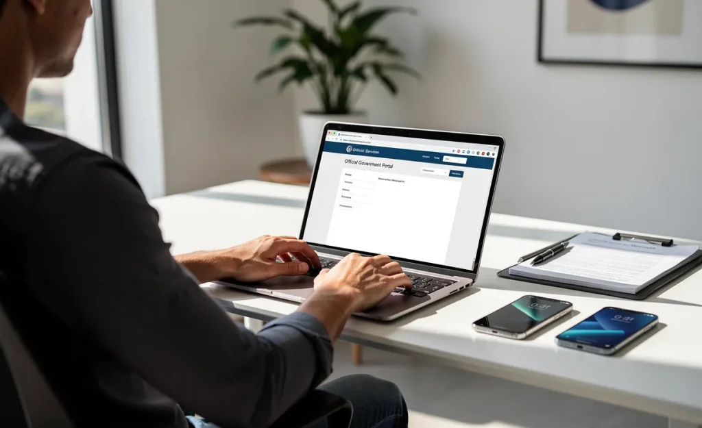 Une personne assise à un bureau moderne consulte un site web gouvernemental sur un ordinateur portable, entourée de documents rangés et d’un smartphone, baignée par une lumière douce venant d’une fenêtre.