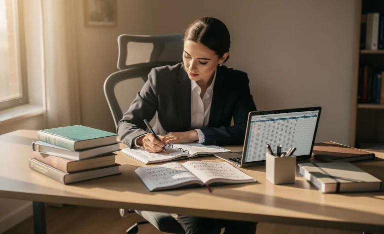 Un jeune professionnel concentré étudie seul à un bureau ordonné, entouré de livres de comptabilité et d’un ordinateur portable, sous une douce lumière venant d’une fenêtre.