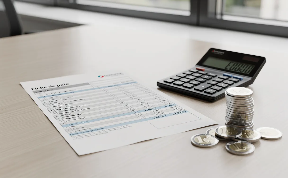 Un bulletin de salaire luxembourgeois posé à côté d’une calculatrice et de piles de pièces en euro sur un bureau moderne éclairé par la lumière du jour.