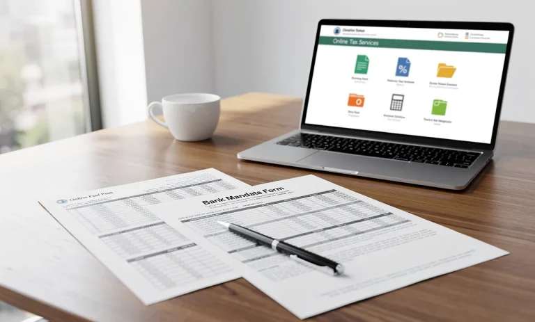 Bureau avec des documents financiers, un formulaire de mandat bancaire et un ordinateur affichant des icônes fiscales sous une lumière naturelle.