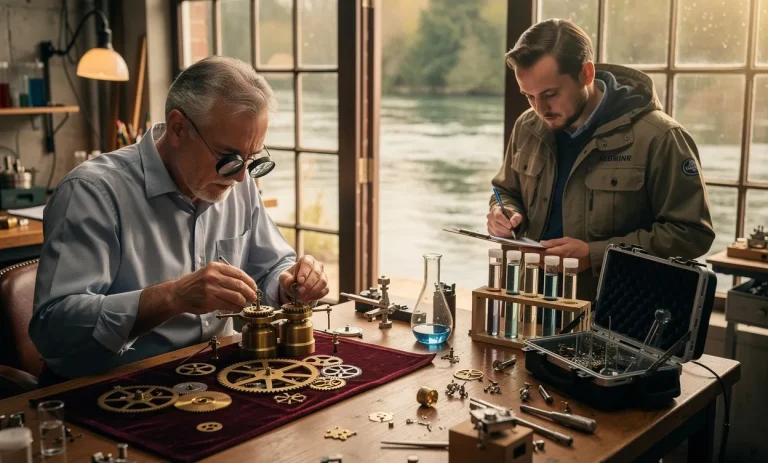 Un horloger examine des rouages près d’une hydrologue étudiant des échantillons d’eau dans un atelier baigné de lumière matinale.