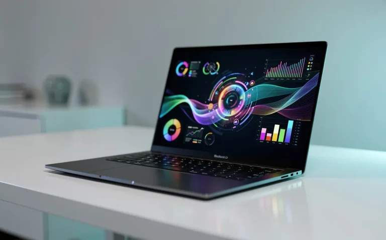 Un ordinateur portable moderne ouvert sur un bureau minimaliste affiche une interface numérique colorée sous un éclairage ambiant froid.