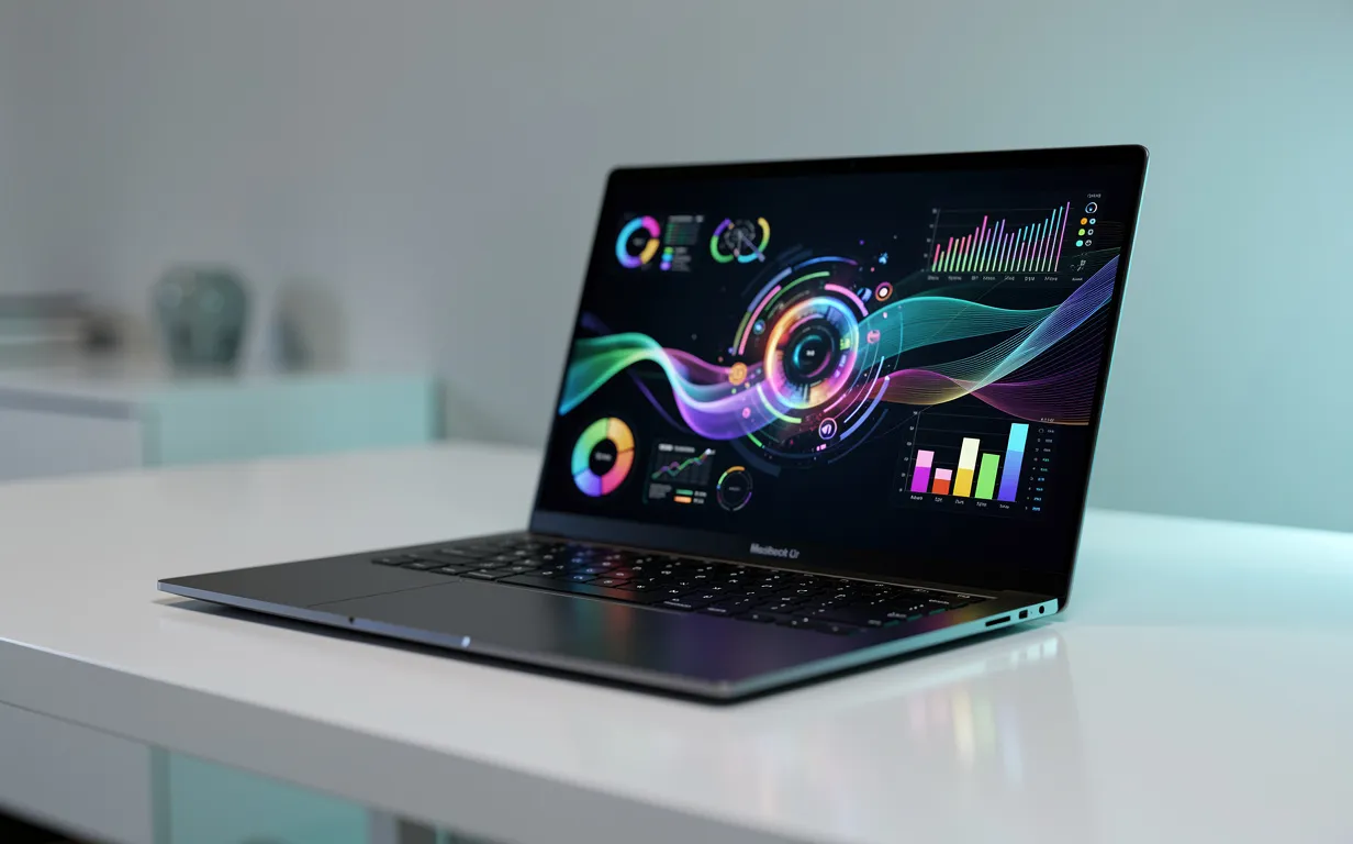 Un ordinateur portable moderne ouvert sur un bureau minimaliste affiche une interface numérique colorée sous un éclairage ambiant froid.