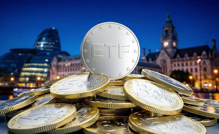 Un jeton ETF argenté repose sur une pile de pièces de cinquante euros devant la silhouette d’une ville européenne au crépuscule.