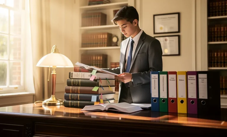 Un étudiant en tenue formelle examine des manuels juridiques et des dossiers colorés sur un bureau en bois, baigné par la lumière du jour.