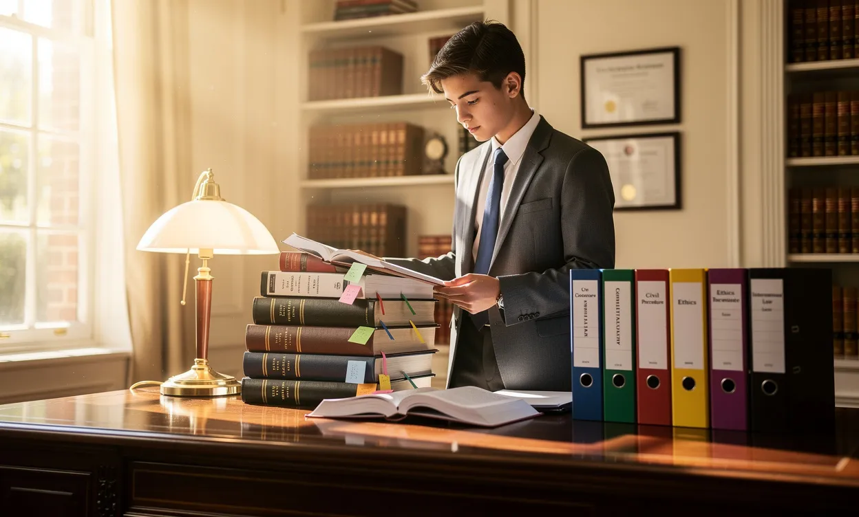 Un étudiant en tenue formelle examine des manuels juridiques et des dossiers colorés sur un bureau en bois, baigné par la lumière du jour.