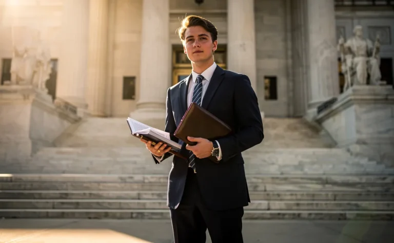 Un jeune diplômé en droit en costume tient des documents devant l’entrée d’un palais de justice baigné de lumière matinale.