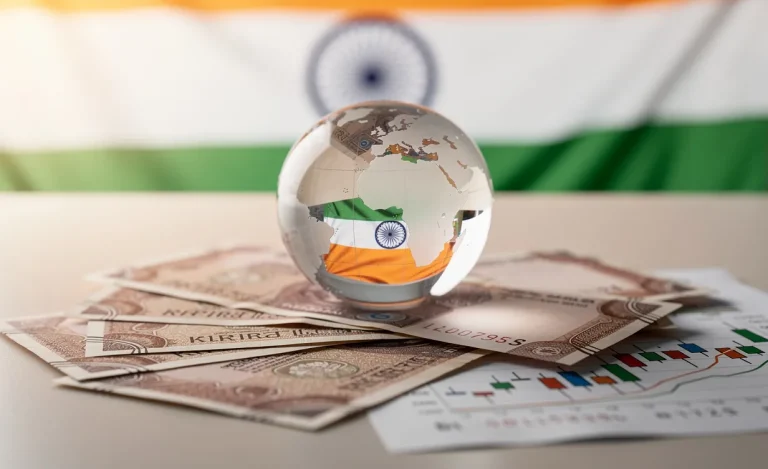 Une sphère en verre repose sur des billets de roupie indienne et des graphiques boursiers devant un drapeau indien lumineux, sous une lumière matinale naturelle.